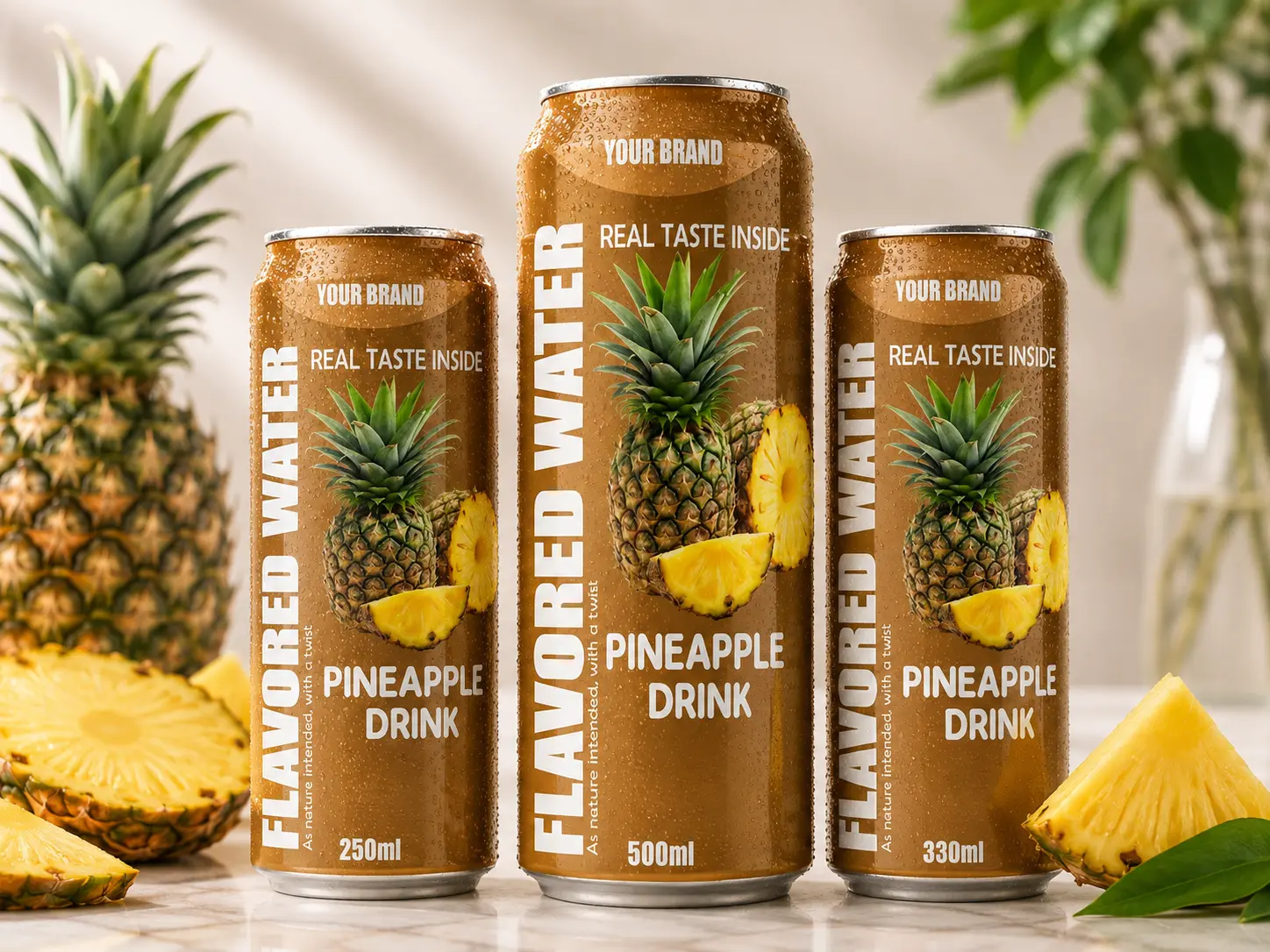 FLAVORED WATER pineapple drink cans in 250ml, 330ml and 500ml sizes.